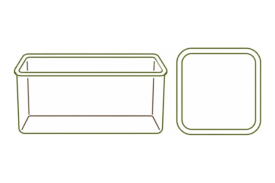 Una caja plástica rectangular transparente y, al lado, su tapa.